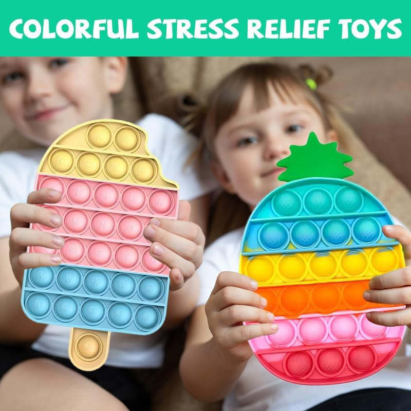 4 Pcs Fidget Toys for Kids, Rainbow Push Bubble Fidget Toys Ice Cream Sensory Toy Pineapple Squeeze Toys Set for ADHD Autism Stress Relief Toy for Girl Gift