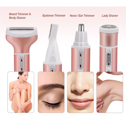 4-In-1 Hair Removal Women Electric Shaver Ladies Razor Hair Remover Epilator USB Rechargeable for Face Body Legs Hair Trimmer Grooming Kit