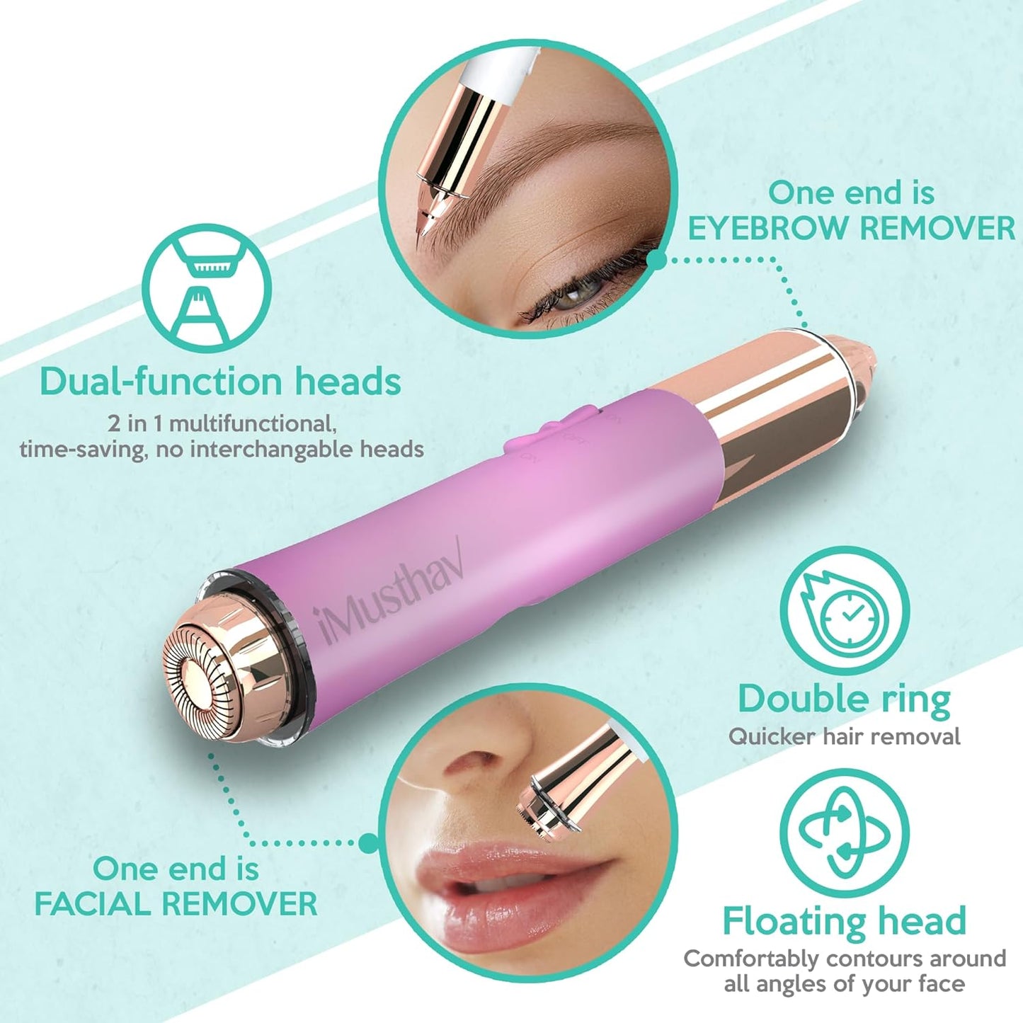 2-In-1 Portable Rechargeable Painless Eyebrow Trimmer & Facial Hair Remover, Removes Eyebrow, Face, Lips and Body Hair for Women. 18K Gold Plated Hypoallergenic Heads, 360° LED Light for Hair Remover